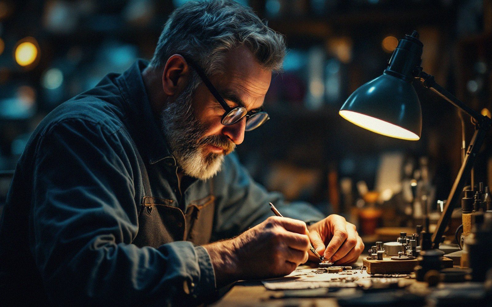 An adult watchmaker at a bench with a loupe in the eye and tweezers in hand, warm lamp
