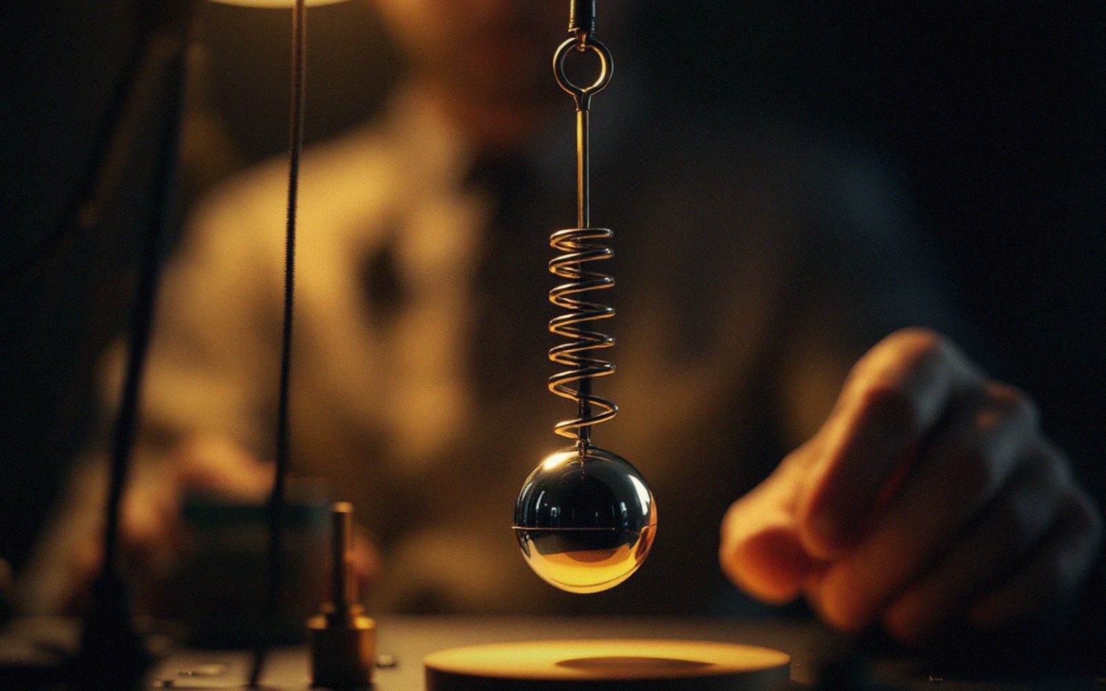 A pendulum bob and its suspension spring, dark background, single light