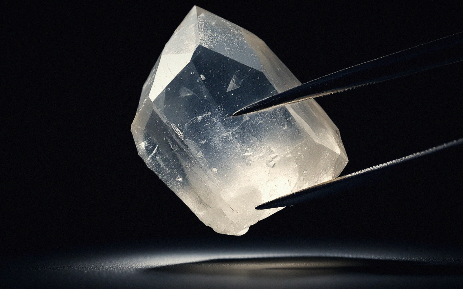 A quartz crystal blank held in tweezers under a bench lamp, macro, dark background