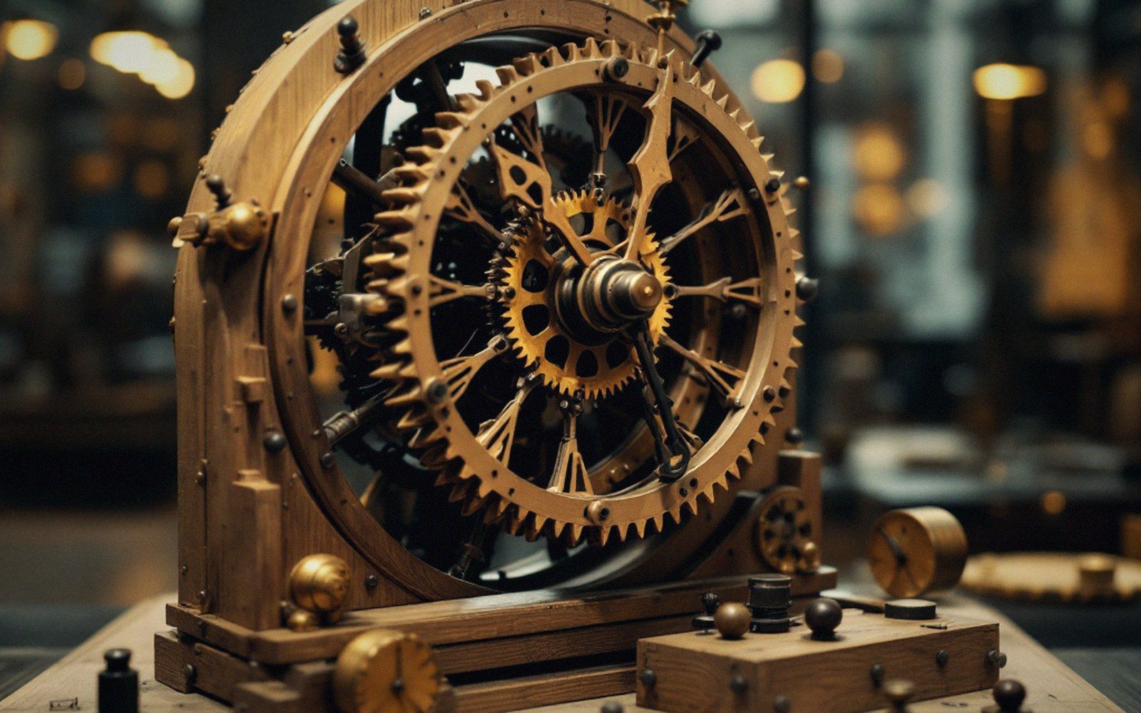 A wooden clock movement with unusual pivoted arms, museum display, soft light