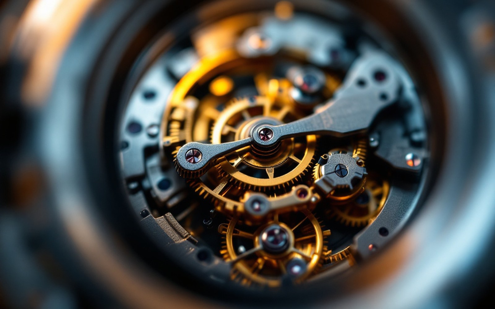 A watch movement with the balance and lever visible, photographed through a loupe, shallow depth of field