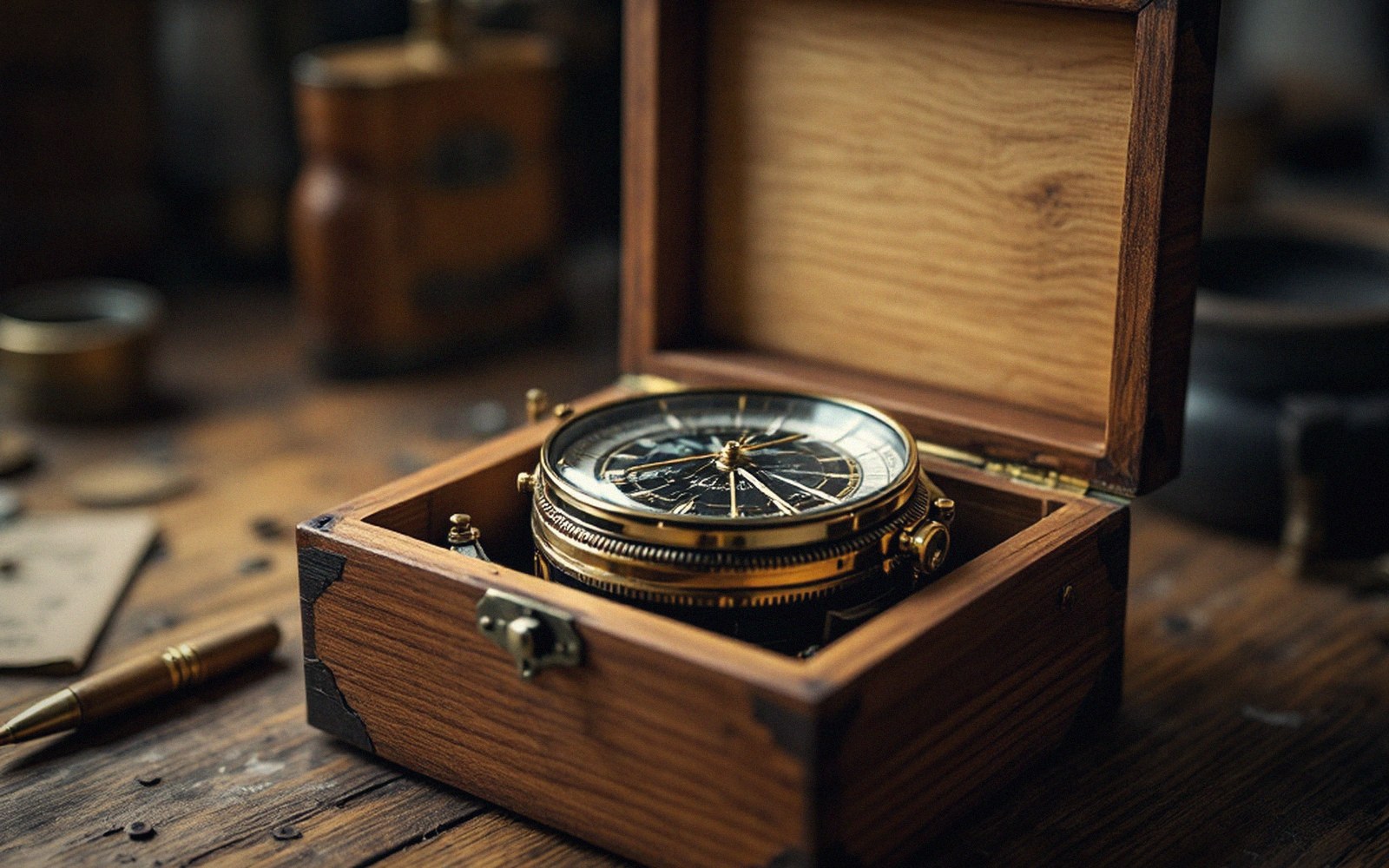 A gimballed marine chronometer in its wooden box, lid open, on a wooden surface, hard side light