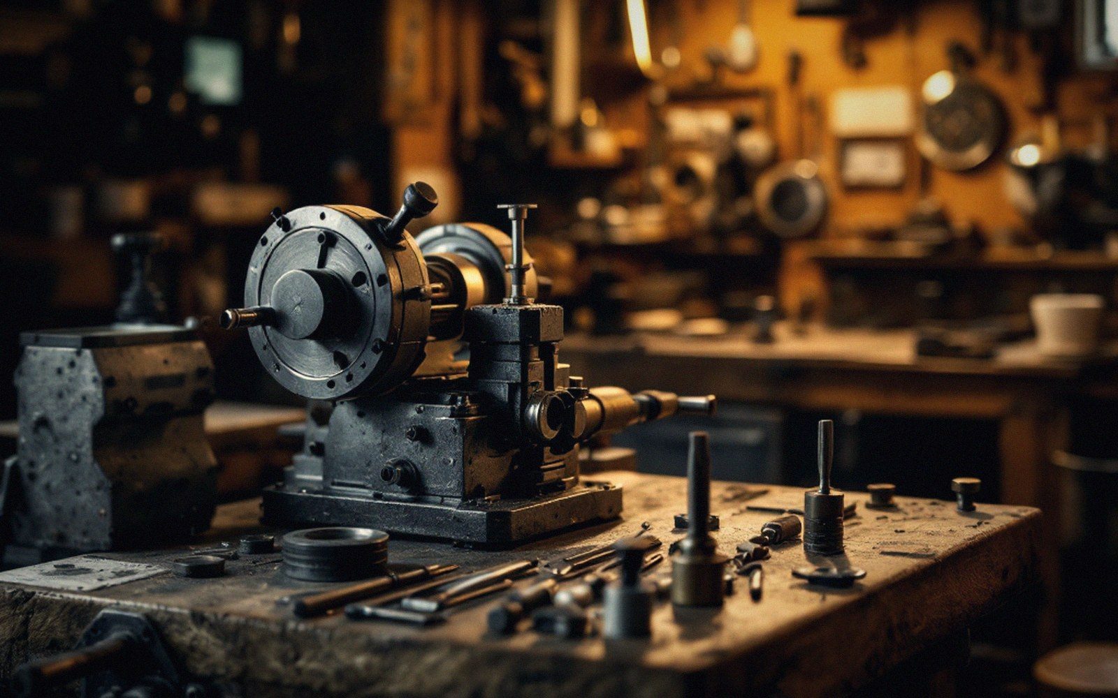 A watchmaker's lathe on a bench with gravers laid out in order, warm task light