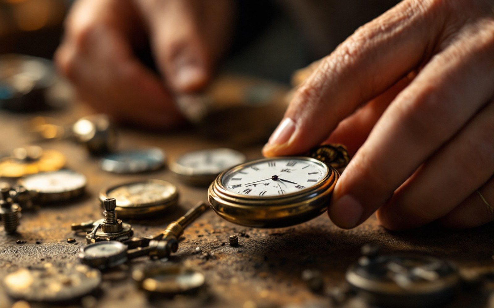 A clock dial with an engraved retailer's name, photographed square on, raking light picking up the engraving