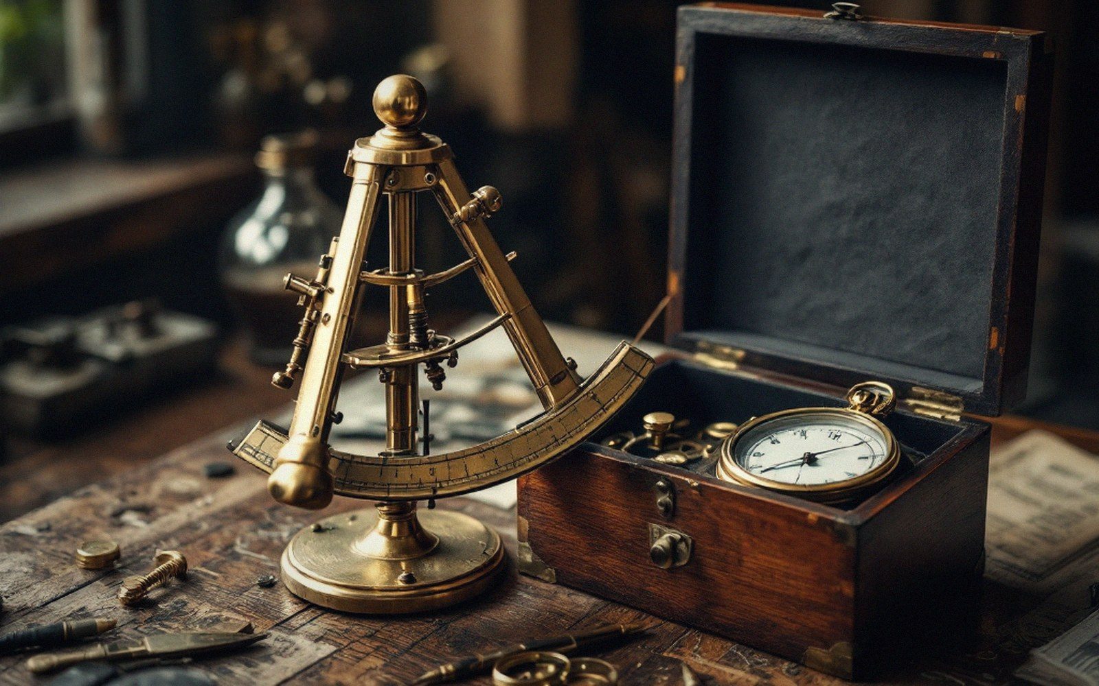 An antique brass sextant on a chart table beside a chronometer in its box, window light from the left